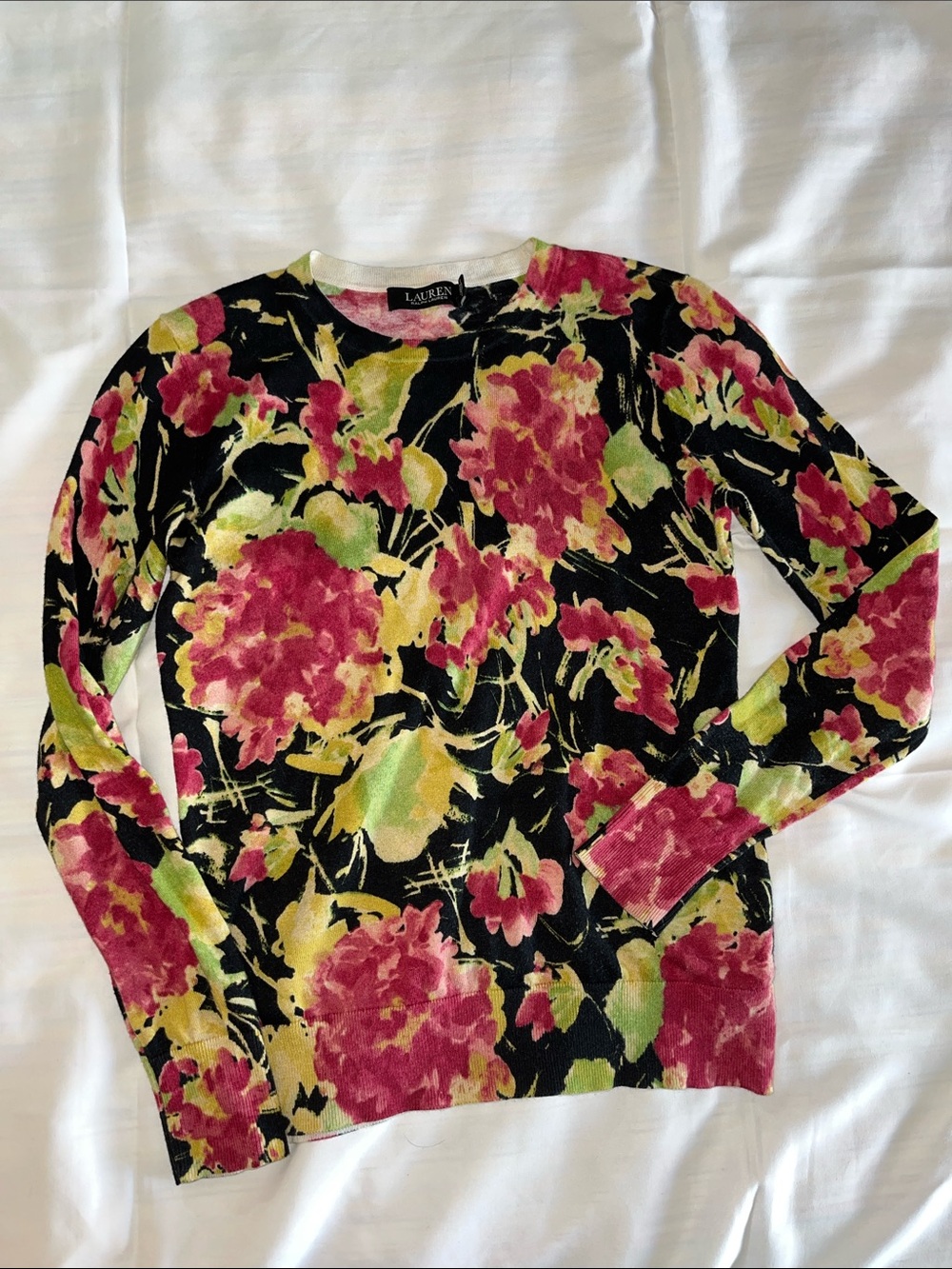 Lauren Ralph‎ Lauren Black Floral Crewneck Sweater with Pink and Yellow Blooms S